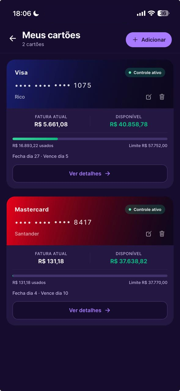 Cartão, fluxo de caixa e categorias no Dinherize