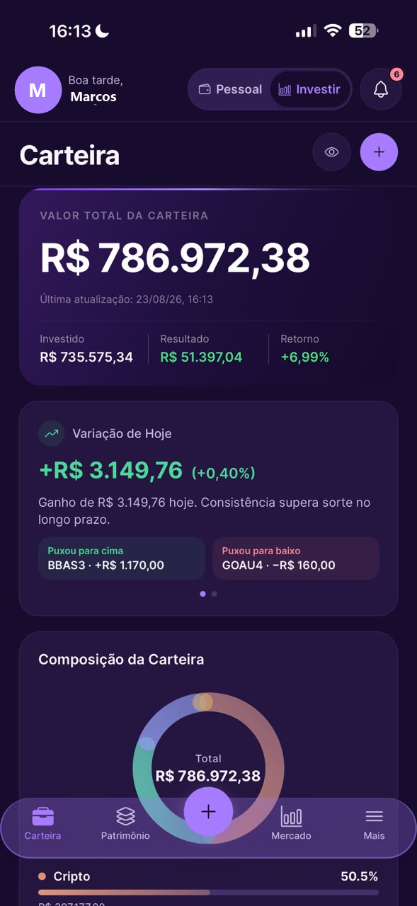 Tela da carteira Dinherize