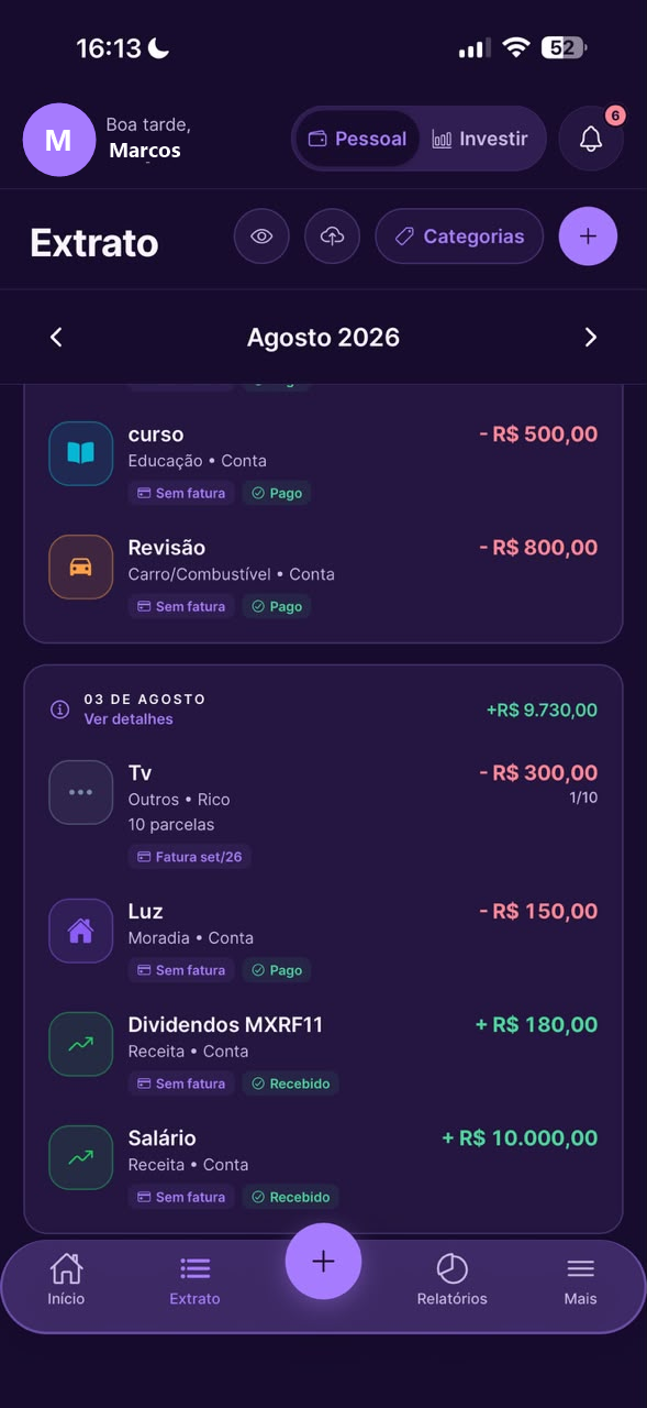 Extrato mensal no Dinherize