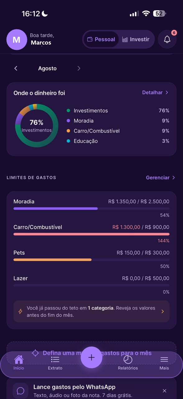 Relatórios e orçamento no Dinherize