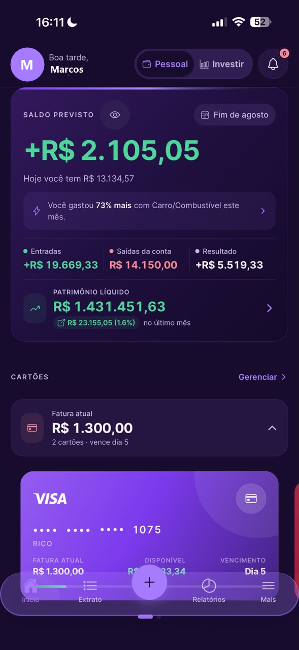 Saldo e prioridades do mês no Dinherize